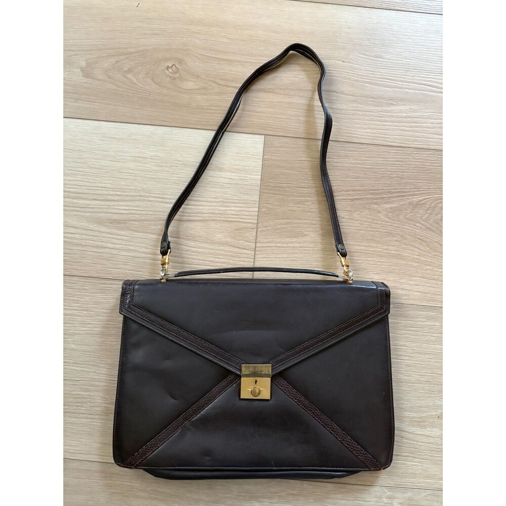 Vintage Dark Brown Leather Briefcase Style Cross Stitching Gold Lock Flap Bag